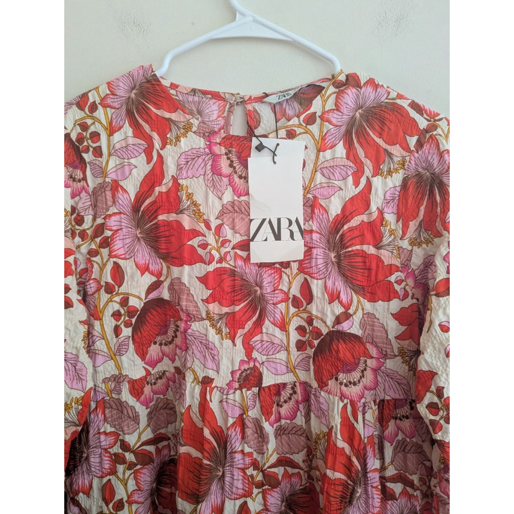 Women's ZARA Floral Tiered Mini Dress M Red Pink - Picture 5 of 8